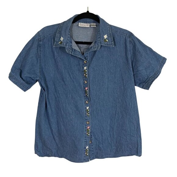 Floral Denim Top L Blue Embroidery Western Boho Country Rustic Dainty Concert - Picture 1 of 13